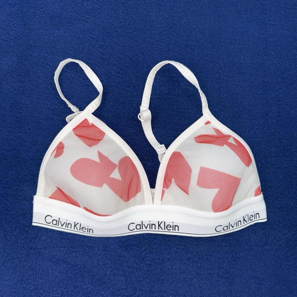 Calvin Klein Sheer Mesh Triangle Bra Logo Band Red Heart Print Size M Y2K Light